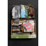 Two boxes of model railway buildings and accessories : Faller, transformer, rolling stock,