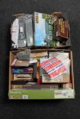 Two boxes of model railway buildings and accessories : Faller, transformer, rolling stock,