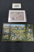 A reproduction framed map of the world in the 16th century,