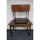 A mid century oak turn over top table and walnut flap sided serving trolley