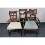 An antique mahogany armchair together with four assorted dining chairs CONDITION REPORT: