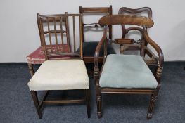 An antique mahogany armchair together with four assorted dining chairs CONDITION REPORT: