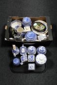 A tray and box of Ringtons china, caddies, tea jars,