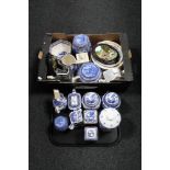 A tray and box of Ringtons china, caddies, tea jars,