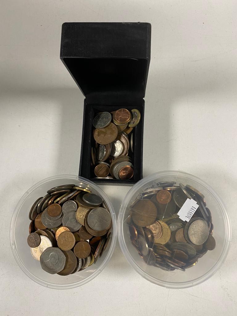 Two tubs and a box of assorted coins, pre-decimal coins,