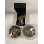 Two tubs and a box of assorted coins, pre-decimal coins,