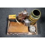 A box of early twentieth century cast iron Scotty dog fire companion set, West German vase,