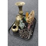A tray of carved soapstone dragon vase, bronze Chinese teapot,