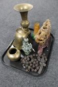 A tray of carved soapstone dragon vase, bronze Chinese teapot,