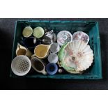 A box of assorted china to include Carlton ware mugs, whisky jugs, Crown Devon Fieldings dish,