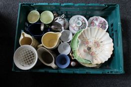 A box of assorted china to include Carlton ware mugs, whisky jugs, Crown Devon Fieldings dish,