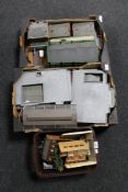 Two boxes and a basket of model railway buildings, small quantity of track,