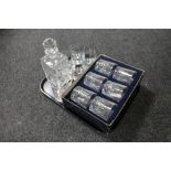 A tray of glass, set of six boxed Cristal D'arques whisky glasses, decanter,