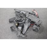 A box of motorcycle items, jacket,
