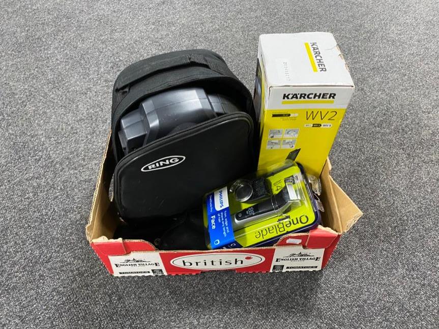 A box of Karcher window vacuum, Philips one blade shaver,