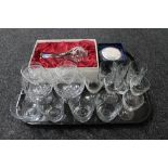 A tray of glass, brandy and whisky glasses, Stuart crystal powder bowl,