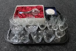 A tray of glass, brandy and whisky glasses, Stuart crystal powder bowl,