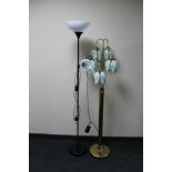 A brass five way floor lamp and an up-lighter