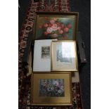 A quantity of pictures to include oil on canvas still life, monochrome engravings signed in pencil,