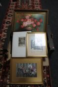 A quantity of pictures to include oil on canvas still life, monochrome engravings signed in pencil,