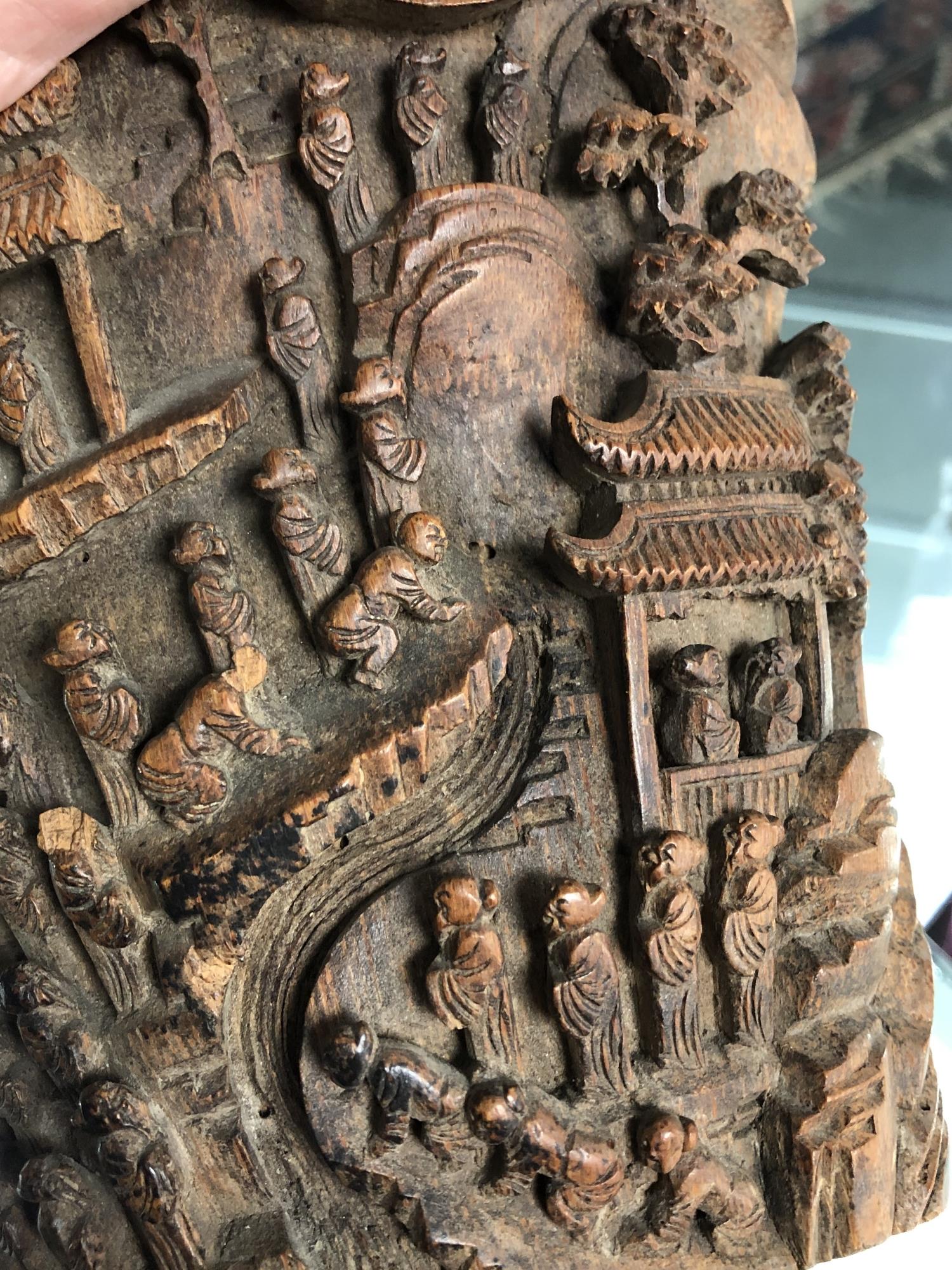 A late 19th century Chinese carved bamboo brush pot, intricately carved with figures and foliage, - Image 7 of 13