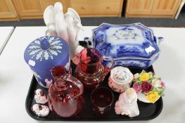 A tray of Royal Doulton figure @This Little Pig', Victorian ruby glass,