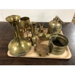 A collection of brass, rabbit figure, baluster vase, tazza, stirrup pump etc.