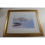 A signed colour print, continental landscape,