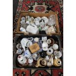 Two boxes of china and ornaments, decorative figures, chintz biscuit barrel,