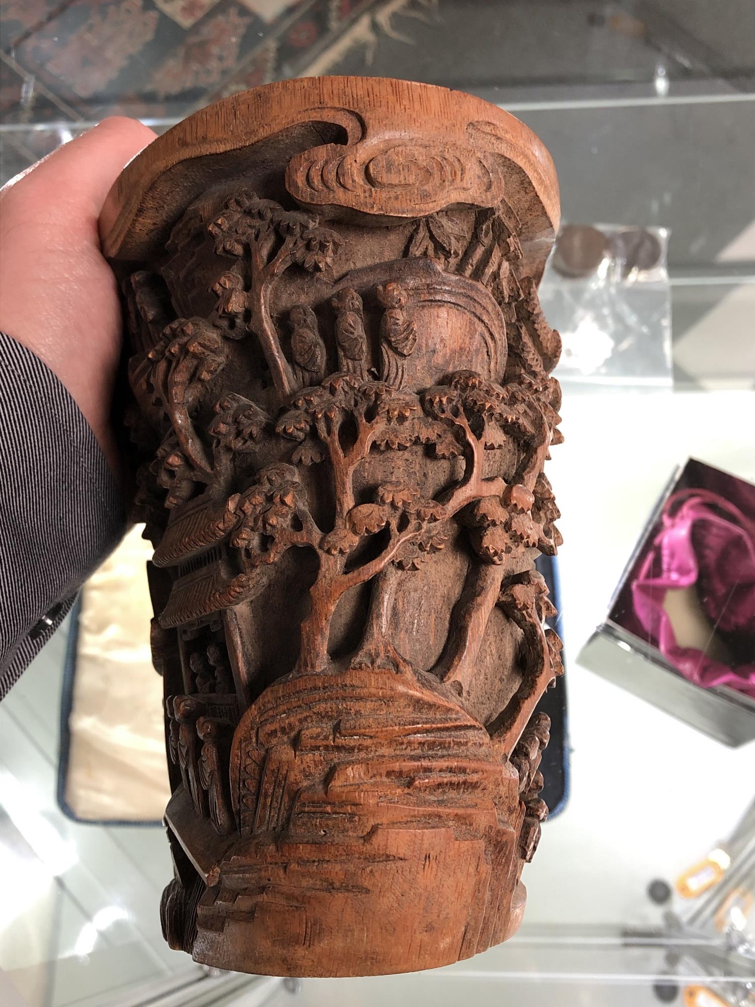 A late 19th century Chinese carved bamboo brush pot, intricately carved with figures and foliage, - Image 3 of 13