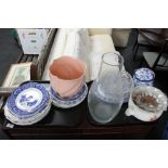 Two trays of blue and white china, biscuit jar,