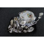 A tray of Tunstall tureen cover and plates, silver plated items,