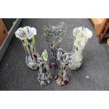 A collection of five mid 20th century coloured glass vases