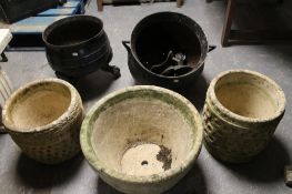 Two metal garden planters and three concrete garden pots