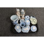 A tray of Wedgwood blue and white jasper ware trinket pots,