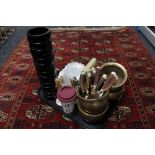 A tray of large glass vase, china plates, brass pots,