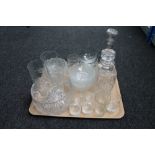 A tray of cut crystal and glass - decanters,
