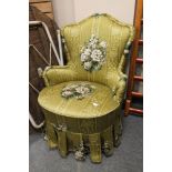 A mid century green floral striped bedroom chair