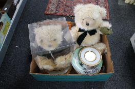 A box of china plates, Beverley Hills teddy bear,