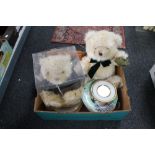 A box of china plates, Beverley Hills teddy bear,