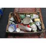 A box of decorative vases, blue and white china cups,