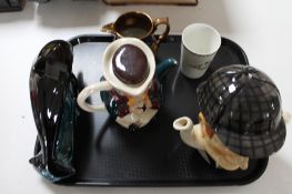 A tray of figural teapot, copper lustre jug,