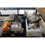 Three boxes containing soldering iron parts, electronic kits, components,