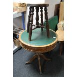 A leather topped three drawer drum table and a low oak stool