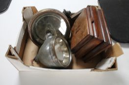 Two vintage car lamps and a wooden box