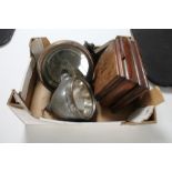 Two vintage car lamps and a wooden box