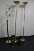 Three brass floor lamps together with a brass tick pot