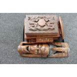 A tray of carved wooden box, African mask, small folding table,