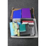 Two boxes of photograph albums, files, hole punch,