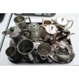 A tray of silver plated and pewter wares
